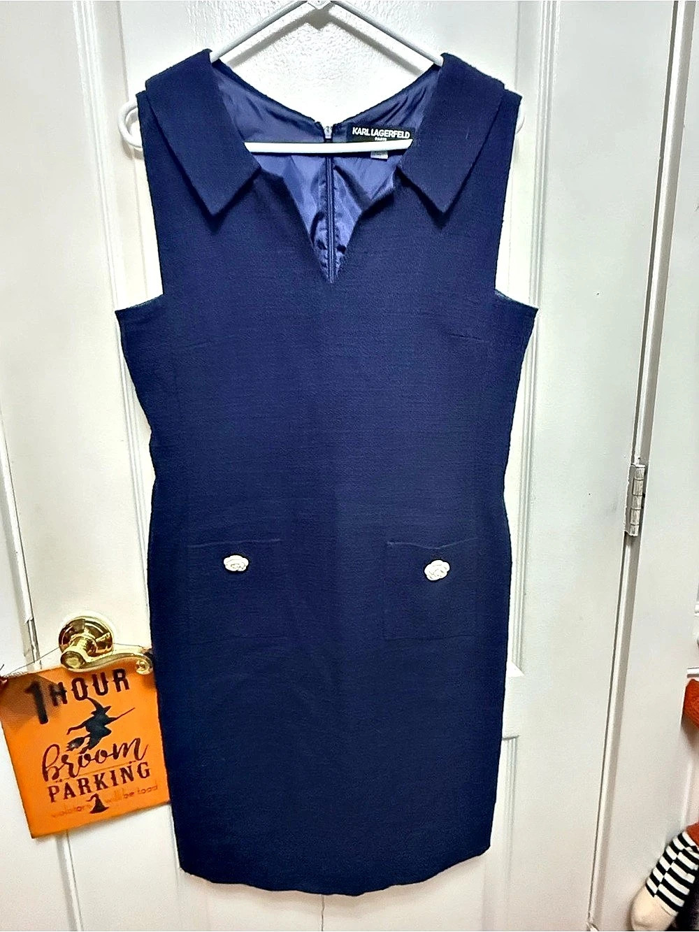 Karl Lagerfeld Paris Navy Blue Tweed Sheath Dress Size 10 Rose Buttons